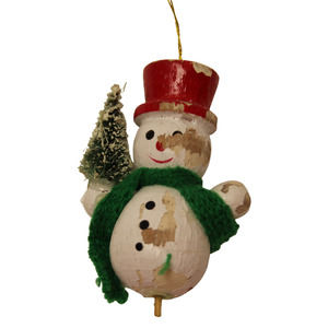 Vintage Small Wooden Snowman Christmas Ornament Red Top Hat Tree